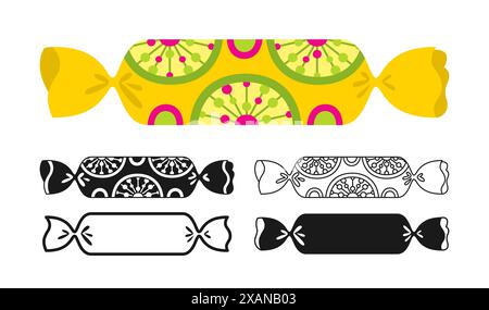 Süßigkeiten mit flachem Ornament, eingewickeltes Schild. Süßigkeiten Bonbon Lutscher Schokolade, Karamell Süßigkeiten Snack Silhouette, Icon lineares Design. Simple Symbol leckeres Zuckerdessert Essen. Gewickelter Karamell-leckerer Vektor Stock Vektor