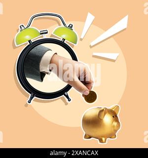 Mit der Hand auf einem Wecker-Gesicht steckte man eine goldene Dollarmünze in eine Schweinebank mit farbigem Hintergrund. Collage Art of Finance Stockfoto