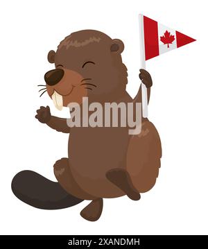 Patriotischer und festlicher Biber mit einem kanadischen Wimpel im Cartoon-Stil. Stock Vektor