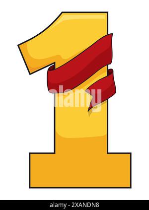 Riesige goldene Nummer Eins, umwickelt mit roter Bandschablone im Cartoon-Stil. Stock Vektor
