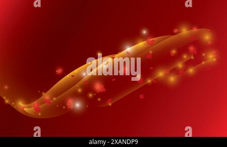 Banner mit Ahornblättern und magischem Goldstaub auf rotem Hintergrund. Stock Vektor