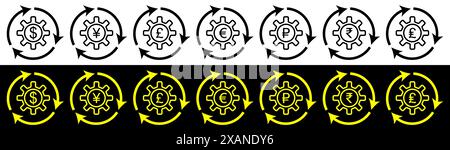Währungszeichen, Pfund, Rupie, Euro, Rubel, Yen, Dollar-Zeichen. Stock Vektor