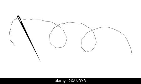 Nähnadel-Symbol mit langer schwarzer Fadenabbildung. Stock Vektor