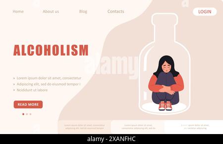 Alkoholismus-Konzept. Vorlage für Landing-Page. Depressive arabische Frau, die auf dem Boden der Flasche sitzt. Mädchen mit Substanzmissbrauch. Vektorabbildung in flach Stock Vektor