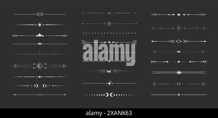 Silberne himmlische Trennwand mit dünnem Rand. Sammlungsstamm mit Mond, Sternen und Pfeilen mystische Trennzeichen. Modernes Ornament minimales Set isoliert auf dunklem Hintergrund. Vektorabbildung Stock Vektor