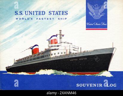 Ein Andenken-Logbuch-Vorderbild des 1952 gebauten SS-amerikanischen Ozeanschiffers. Das Schiff wurde von der Newport News Shipbuilding and Drydock Company für die United States Lines als Seefahrer und potenzielles Truppenschiff gebaut. Das Schiff diente hauptsächlich auf der Transatlantikroute zwischen New York City und Europa. Trotz des anfänglichen Erfolgs führte der Anstieg der Flugreisen zu einem Rückgang der Nachfrage nach transatlantischen Seefahrern und die SS United States wurde 1969 schließlich aus dem Dienst genommen Stockfoto