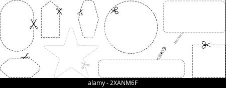 Symbol hier ausschneiden. Set aus Scheren, Schneideform, hier geschnittenes Papier, Symbol mit gepunkteter Linie für Ticket, Gutschein, Aktionscode. Stock Vektor