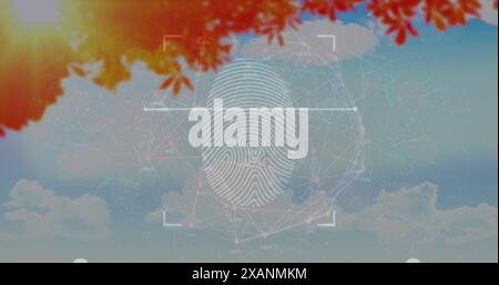 Abbildung: Verbindungen über Fingerabdruckscannen über Himmel und Laub, Kopierraum Stockfoto