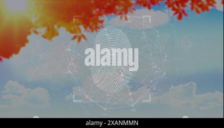 Abbildung: Verbindungen über Fingerabdruckscannen über Himmel und Laub, Kopierraum Stockfoto