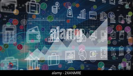 Bild mehrerer digitaler Symbole und Verarbeitung statistischer Daten vor blauem Hintergrund Stockfoto