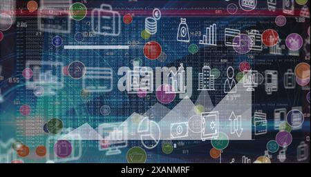 Bild mehrerer digitaler Symbole und Verarbeitung statistischer Daten vor blauem Hintergrund Stockfoto