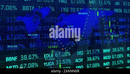 Abbildung von Diagrammen mit sich ändernden Zahlen über der Karte zum Trading Board auf abstraktem Hintergrund Stockfoto