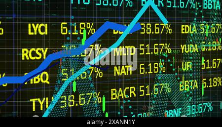 Abbildung mehrerer Diagramme mit Zahlen über dem Handelstisch vor abstraktem Hintergrund Stockfoto