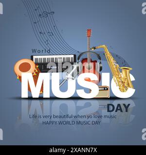 Happy World Music Day und Musikinstrumente mit blauem Hintergrund. vektor-Illustration Design Stock Vektor