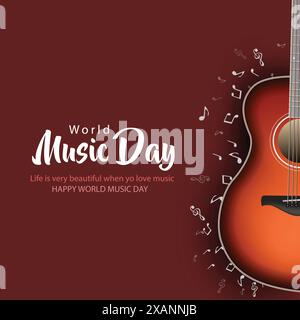 Happy World Music Day und Musikinstrumente mit blauem Hintergrund. vektor-Illustration Design Stock Vektor