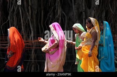 Verheiratete indische Frauen führen Rituale auf einem heiligen Banyan-Baum aus Anlass der MwSt Savitri Puja am 03. Juni 2019 in Jabalpur durch. Stockfoto