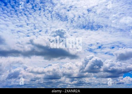 Weite Ausdehnung des Himmels, gefüllt mit einer Vielzahl von Wolkenformationen, die in Dichte und Höhe variieren. Die Wolken reichen von wackeligen, federartigen Zirren Stockfoto