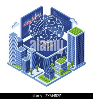 Isometrische Smart City mit KI Brain Neural Network Technology. Künstliche Intelligenz Smart and Sustainable Cities Konzept. Stock Vektor