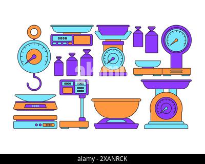 Verschiedene Waagen Gewichtsmessung Kilogramm Waage Ausrüstung zur Aufbewahrung von Werkzeug Stock Vektor