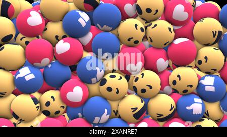 Ein abstraktes digitales Bild mit einer chaotischen Sammlung von bunten Sphären, die verschiedene Social-Media-Emojis repräsentieren. Stockfoto