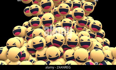 Eine digitale Illustration zahlreicher gelber lachender Emoticons, die vor schwarzem Hintergrund herunterfallen. Stockfoto