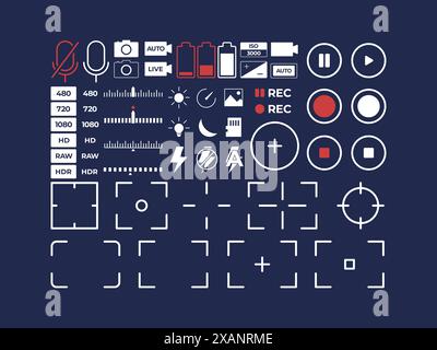 Kamerasymbol einstellen Mikrofon Akkutimer Blitz Aufnahme Spot-Messung Auslöser Foto-Benutzeroberflächensymbol aufnehmen Stock Vektor