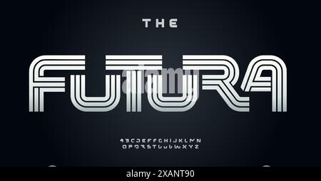 Auffällige Techno-Schrift, schwere geometrische Buchstaben im Linienstil mit Metalleffekt, elegantes modernes Logo, digitale Sci-fi-Typografie, futuristisches Retro-Design Stock Vektor