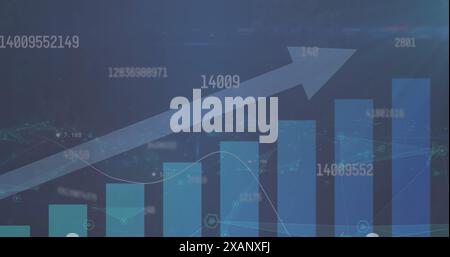 Abbildung von Symbolen, die durch Linien über Diagrammen mit Aufwärtspfeil und wechselnden Zahlen verbunden sind Stockfoto