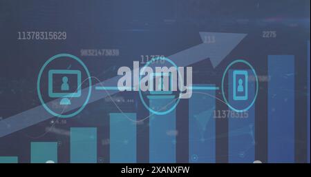 Abbildung von Symbolen, die durch Linien über Diagrammen mit Aufwärtspfeil und wechselnden Zahlen verbunden sind Stockfoto