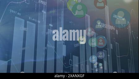 Bild mehrerer Diagramme mit wechselnden Zahlen über Profilsymbolen auf abstraktem Hintergrund Stockfoto