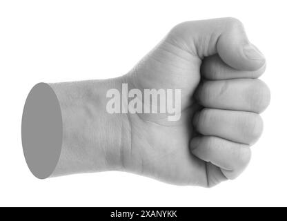 Die Hand des Mannes geballt in der Faust auf weißem Hintergrund. Schwarzweiß-Effekt Stockfoto