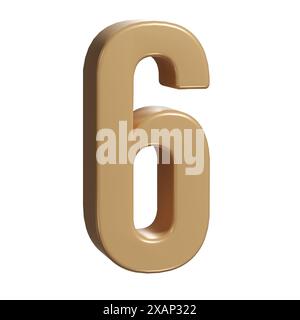 3D Zahl sechs 6 goldenes oder bronzefarbenes Typografiesymbol oder Zeichenvorlage, realistische Illustration. Goldene sechste Ziffer oder Zahl für die Nummerierung Stockfoto