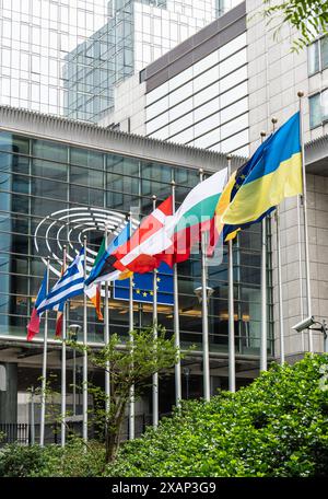 Flaggen der Ukraine, der EU und der europäischen Länder auf den Flaggenmasten vor den Gebäuden des Europäischen Parlaments in Brüssel Stockfoto