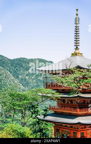 Blick mit dem Seiganto JI Tempel Sanjuno auf die 3-stöckige Pagode in Nachikatsuura, Wakayama, Japan Stockfoto