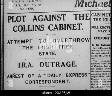 Schlagzeile der Zeitung "Plot Against the Collins Cabinet", 1922. Aus "Time to Remember - Sitting still and going Slow", 1922 (Reel 4); ein Überblick über die Ereignisse im Jahr 1922 einschließlich irischer Probleme, Krieg zwischen Griechenland und der Türkei und Entwicklungen in der Luftfahrt und im Radio. Stockfoto