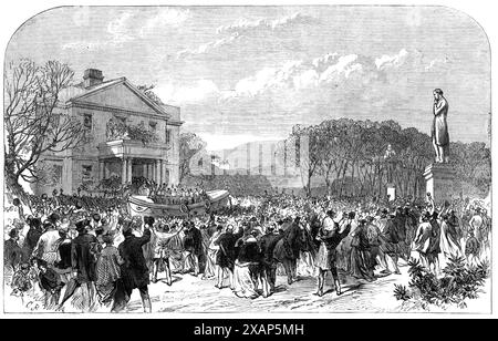 Taufe des Manchester and Salford Lifeboats in Peel Park, Salford, 1868. „Die Zeremonie,... In Anwesenheit von etwa zehntausend Zuschauern... wurde von Mrs. Hewlett gespielt, die eine Flasche Wein auf dem Heck zerbrach... das neue Rettungsboot, die "Manchester and Salford Sunday-School", soll in Douglas, Isle of man stationiert werden... es wurde vor der Treppe hinauf zum Museum und zur Bibliothek aufgestellt. Der Pfarrer E. Hewlett las nach einem Gebet eine Liste der Sonntagsschulen, die zum Bau des Bootes beigetragen hatten. Sie waren fünfzig und repräsentierten 17.150 Kinder Stockfoto