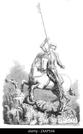 Kunstsammlungen im South Kensington Museum: St. George, der den Drachen tötet, aus dem Alten Palast in Prag, 1869. Eine von „einer Vielzahl von Exemplaren antiker oder ausländischer Kunstmanufakturen in der Leihsammlung und anderen Abteilungen des South Kensington Museum... eine schöne Skulptur, die einen der Höfe des alten Palastes der Könige von Böhmen schmückt“. Aus Illustrated London News, 1869. Stockfoto