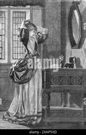 Eine Zeichnung von Arthur Coryndon Hansler Luxmoore in der Allgemeinen Ausstellung für Wasserfarben-Zeichnungen in der Dudley Gallery, 1869. Statt eines Titels, den der Maler für die Zeichnung zitiert, haben wir die entsprechenden Bußgelder aus Tennysons "in memoriam" eingraviert: "Und in dem Glauben, dass es ihm am besten gefallen wird, nimmt sie ein Band oder eine Rose, denn er wird sie heute Nacht sehen". Das Thema dieser erfreulichen Zeichnung, in Verbindung mit diesen suggestiven Bußgeldern, wird sich dem Leser empfehlen, ohne irgendeine Aufklärung oder Stimulans, die wir möglicherweise versuchen zu liefern. Wir werden also nur diesen Mr. Lu beobachten Stockfoto