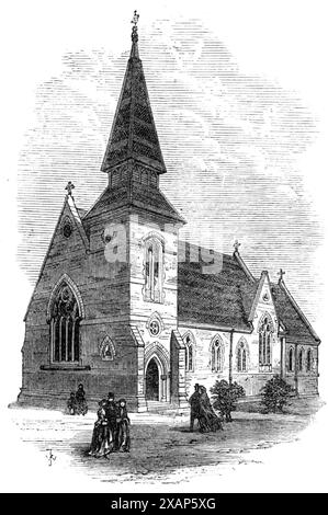 Christ Church, Kintbury, Berks., 1868. Eine neue Kirche wurde in der Pfarrei Kintbury (oder Kennetbury) in der Nähe von Hungerford gebaut, die auch eine alte gotische Kirche am anderen Ende des Dorfes besitzt. Der Architekt des neuen Gebäudes ist Mr. Talbot Bury. Sein Stil ist dekoriert, oder der der zweiten spitz Periode, aber ohne Reichtum an Details. Das Material besteht aus Ziegeln, mit Steinverbänden. Der Plan besteht aus einem Turmeingang, einem Kirchenschiff, einem Chor und einem Vlies. Der Turm, der sich am südwestlichen Ende des Langhauses befindet, ist sowohl von seiner Massivität als auch von der malerischen Erscheinung her sehr effektiv Stockfoto