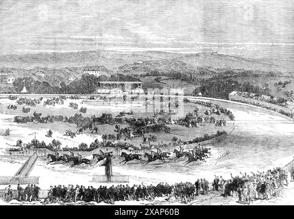 Cork Park Races: Die Grand National Steeplechase, 1869. „Die Rennen, die am 17. Und 18. Mai im Park von Cork [in Irland] stattfanden, wurden in gewissem Maße durch den nassen und schlampigen Zustand des Bodens verdorben; aber viele Tausende von Menschen kamen, um sie am ersten Tag zu sehen, und das Wetter war dann gut. Die Grand National Steeplechase für &#xa3;200, die zu einem Gewinnspiel von &#xa3;5 hinzukam, war das interessanteste Ereignis. Es wurden elf Pferde bestritten, von denen die wichtigsten im Rennen waren Mr. Smith's Ranger, Mr. Manserghs Seekönigin, Mr. Hume's Knockany, Captain M'Craight's Ballindonagh, an Stockfoto