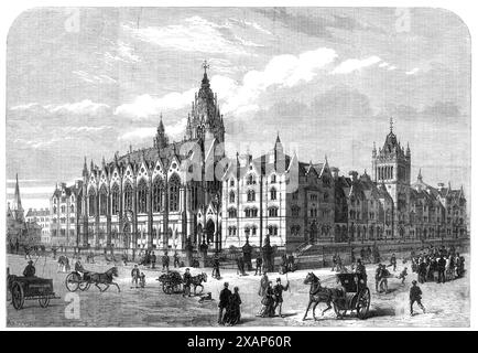 Columbia Market, Bethnal-Green [in London], erbaut von Miss Burdett-Coutts, eröffnet am Mittwoch, 1869. Markt und '...set Musterwohnungen für Arbeiterfamilien... die Wohltätigkeitsgegenstände, die Miss Coutts anstrebt,... sollen die Armen in der Umgebung mit gesunden Lebensmitteln zu einem fairen Preis versorgen; Produzenten und Verbraucher in eine engere Kommunikation bringen; und um die Gewohnheiten der Industrie und Sparsamkeit unter den bescheidensten Händlern zu fördern... sollen die Geschäfte von Bauern oder ihren Agenten besetzt werden, die ihre eigenen Verkäufer sein werden, und so ihre Kunden von den Strafen befreien, die von t auferlegt werden Stockfoto