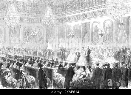 Konzert in der Salle des Mar&#xe9;chaux, in den Tuilerien [Palace], 1869. Veranstaltung der Pariser Saison. Die Bühne ist von einer Balustrade umgeben. Das Orchester besteht aus Musikern, die aus dem Orchester der Oper ausgewählt wurden, während die Sänger im Allgemeinen aus Stars bestehen, wie sie in Paris zu dieser Zeit vorkommen könnten. Die Organisation des Programms erfolgt ausnahmslos unter der Leitung des Veteranen Auber, dessen Figur sich gegen die Balustrade beugt. Der Kaiser, wie er in unserer Gravur erscheint, nimmt einen Sessel ersten Ranges ein, mit Prinzessin Mathilde und Prinz A links Stockfoto