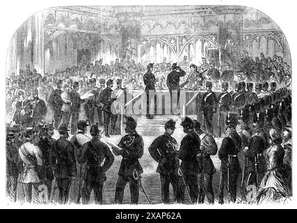 Verteilung der Preise an die 26. Middlesex-Freiwilligen in Guildhall, [City of London] am Samstag, den letzten 1865. Lady Elizabeth Romilly führte die Zeremonie durch, bei der die Preise an die besten Schützen der 26. Middlesex Gewehr-Freiwilligen verteilt wurden... Ihre Ladyschaft wandte sich an die Mitglieder des Korps... und sagte: "Jede Lobpreisung oder Kritik an Ihren soldatenähnlichen Qualitäten von einer Frau hätte sehr wenig Wert. du wirst sie also nicht von mir erwarten; aber eine Frau kann behaupten, ein Richter zu sein über das, was in der Erscheinung offensichtlich ist. Auf mehr als einem o Stockfoto