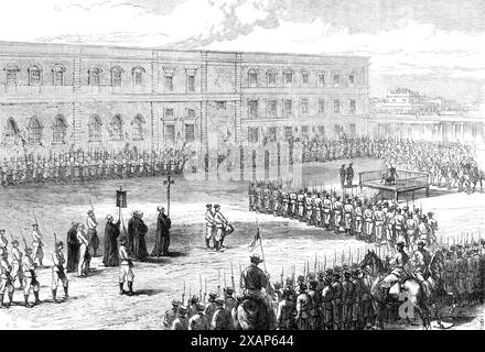 Hinrichtung politischer Gefangener in Havannah, Kuba, 1869. Francisco Leon und Augustin Medina wurden angeklagt, sie hätten dem Aufstand geholfen, indem sie Waffen ausgesonderten und sich gegen ihre Beschlagnahme wehren. Sie wurden dazu verurteilt, den Tod durch Erwürgen mit der Garrotte zu erleiden. Die Prozession bestand aus Trommlern, einem Kirchendiener mit einem Kreuz, zwei Priestern, einem anderen mit einer schwarzen Flagge mit einem Kreuz, und schließlich dem Verurteilten und Henker...[flankiert von] spanischen Freiwilligen mit festen Bajonetten. Das Gebäude dahinter ist das Stadtgefängnis, in dem über 300 politische Gefangene untergebracht sind. Stockfoto