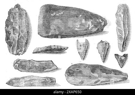 Flint-Geräte wurden 1865 in Irland gefunden. Funde von George Morant Junior in der Nähe eines Sees namens Ballyhoe. "Feuerstein ist in diesem Teil Irlands nicht natürlich zu finden; dennoch... haben wir Hunderte von Feuerstein- und Chert-Geräten aus dem Moor geholt und ausgegraben, darunter Pfeilköpfe hochveredelter Typen, Speerspitzen, "Schaber" und andere Artikel... Wir haben die Feuersteine zum größten Teil direkt unter dem Spatenstich gefunden. andere tiefer im Moor... es wäre unmöglich, jemanden zu überzeugen, der, wie wir, diese Feuersteingeräte gefunden hatte, ob sie auf der Oberfläche des sumpfigen Randes des lak lagen Stockfoto