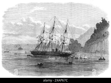 H.M.S. Cadmus an Land in der Salcombe Bar, Devon, 1869. Gravur einer Skizze von Mr. W. Lidstone, von dem Cadmus-Gelände nach einem gefährlichen Unfall, der auf die Felsen am Eingang zum Hafen von Salcombe traf... Wasser begann durch das Leck hereinzukommen... Admiral Drummond, von Ihrer Majestät's Dockyard... befahl sofort dem Schaufelraddampfer Trusty... zur Hilfe des Cadmus zu kommen... die ganze Nacht über waren die Pumpen ständig am Werk... die Dampfschiffe Dee und Scotia kamen... mit zwei Feuerzeugen im Schlepptau und einer Gruppe von Mechanikern und Tauchern vom Werft, die sich um die Untersuchung machten Stockfoto