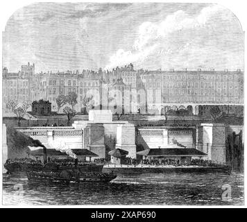 Verbesserungen in London: Hungerford Pier on the Thames Embankment, 1869. "Der Passagierverkehr dieser bequemen Fluss-Omnibusse... und anderer schneller kleiner Dampfboote, die den ganzen Tag über von der London Bridge nach Lambeth und Chelsea aus verkehren, werden von nun an viel besser mit Einschiffungs- und Landeplätzen ausgestattet sein als bisher... unsere Abbildung zeigt eine der neuen Landestellen oder Piers, die entlang des Ufers errichtet wurden. da es die direkt unterhalb der Eisenbahnbrücke Charing-Cross ist, mit der Adelphi-Terrasse im Hintergrund... ist die schwimmende Holzbühne an jedem dieser Pfeiler ungefähr Stockfoto