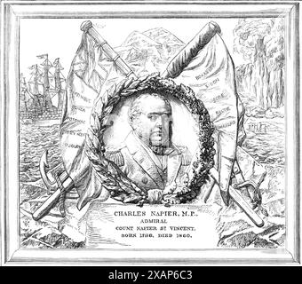 Denkmal von Admiral Sir Charles Napier in der St. Paul's Cathedral, 1869. Zum Gedenken an Sir Charles Napier, den Eroberer von Akkon, Befehlshaber der britischen Flotte in der Ostsee, und M.P. für Southwark... dieses Denkmal wurde einige Wochen nach seinem achten Todestag in Anwesenheit mehrerer Familienmitglieder und Offiziere seines Bruders entdeckt... es ist aus weißem Marmor; auf zwei Flaggen sind die Namen der meisten Schlachten, in denen Sir Charles Napier verwickelt war, eingetragen. Der Kopf, der das Zentrum besetzt, ist in kühlem Relief und von einem Kranz aus Lorbeer und Eiche umgeben; im b Stockfoto