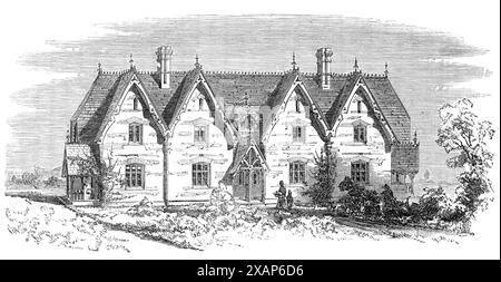 Modellhäuser für Arbeiter in Althorp, Northamptonshire, 1868. "Eine Gruppe von Landarbeitern-Cottages wurde kürzlich von Earl Spencer in Althorp in der Nähe von Northampton nach Plänen von John Birch, Architekt, von Beaufort-Buildings, Strand errichtet, dem für diese Pläne die Medaille und Prämie der Society of Arts verliehen wurde. Jedes Cottage enthält, im Erdgeschoss, die Eingangshalle, ein Wohnzimmer, 12ft. 6 Zoll Quadrat; ein Geschirr, Lift, 8 Fuß, eine Speisekammer, Speisekammer und Treibstofflager. Im oberen Stockwerk befindet sich das Schlafzimmer der Eltern, 12 Fuß. 6 Zoll Auf 9 Fuß 6 Zoll, und das männliche und weibliche Bett-RO Stockfoto