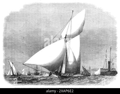 Eröffnung der Yachting Season: Match of the Royal Thames Yacht Club - die Fiona gewann 1868 in Gravesend. Der Kurs war von Erith, um das Nore-Leichtschiff, und zurück nach Gravesend... die Fiona war der Favorit. Dieses leichte, große Schiff hatte den gleichen Tag, wie es ihr passte. Der Wind, E.S.E., war etwas zwischen einer leichten Luft und einer ganzen Segel-Brise. Es war ein toter Schlag, mit viel Laufen und zurück... in langer Reichweite, erfrischte sich der Wind und wurde am Ende tot, als die Fiona allmählich, Board für Board, den Vindex stahlen und durch ihren lee aus Stone rannten und Th eroberten Stockfoto